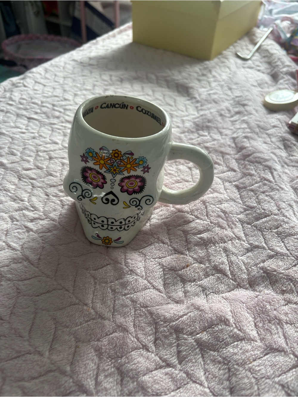 Day of the Dead Sugar Skull Ceramic Mug - White with Colorful Floral Design